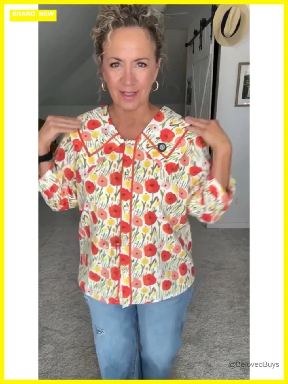 Floral Button Down Blouse 3/4 Sleeve Peter Pan Collar Cotton - Picture 7 of 7